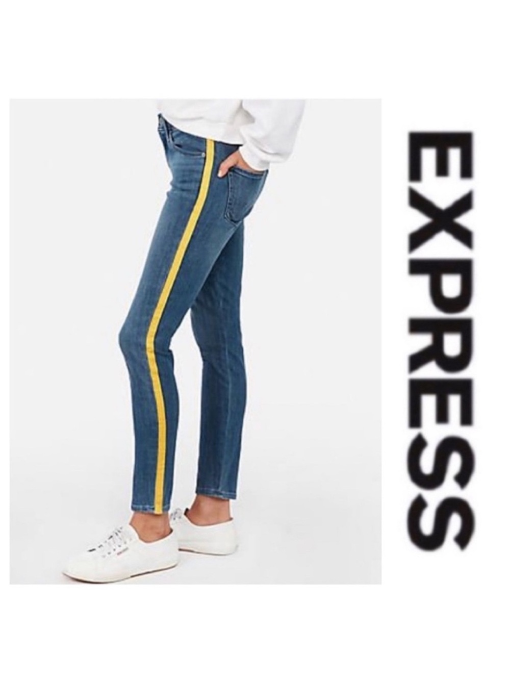 Express women’s high rise Dark Blue Skinny Jeans with Yellow Side Strip